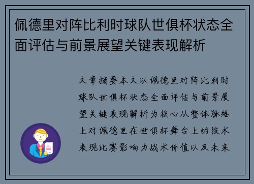 佩德里对阵比利时球队世俱杯状态全面评估与前景展望关键表现解析